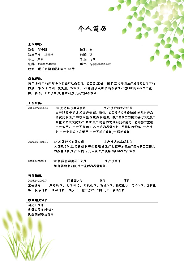 2092_求职制药工程师应聘简历模板  - 制药工程简历模板